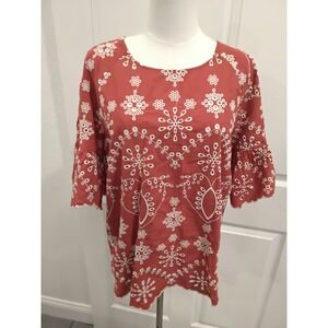 Given Kale Embroidered Eyelet Tunic Top Red White Bell Sleeve Small